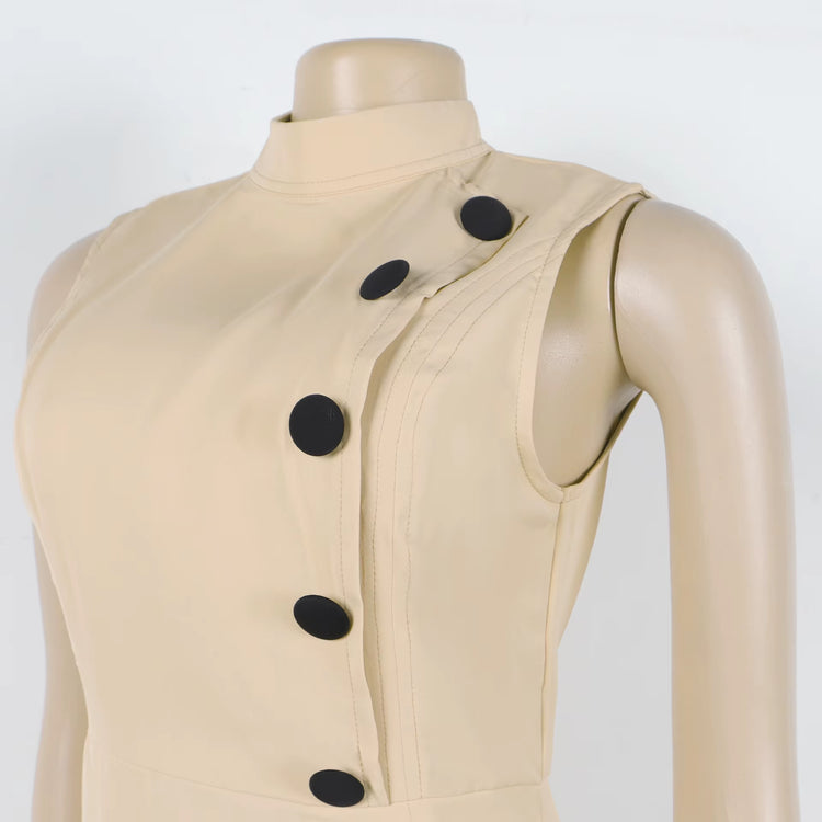 S-3XL 2025 Summer Dress Elegant Stand up Collar Sleeveless Button Office plus Size A-Line Women&