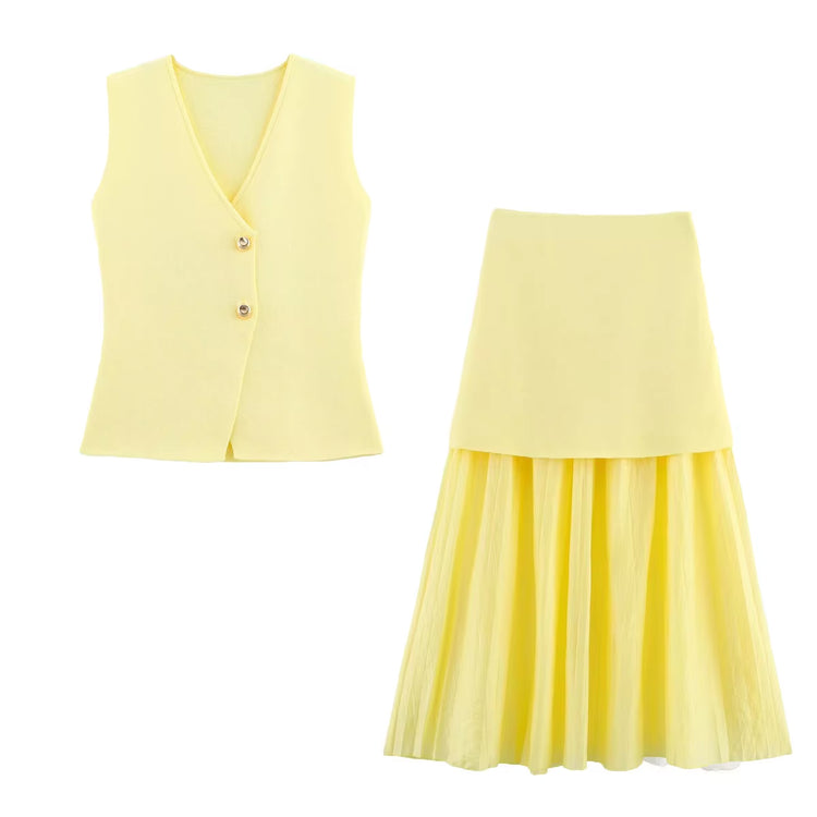 Ohsisa 2025 European and American Summer New Set V-Neck Solid Color Button Knitted Vest+Pleated Half Skirt Women&