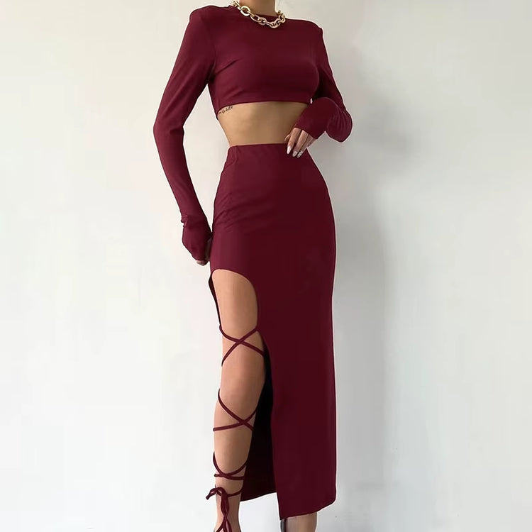 2025 Autumn New Pure Color Casual Long-Sleeved Neck Top Slim Strap Skirt Suit Short Length Tops Woman Suit