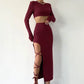 2025 Autumn New Pure Color Casual Long-Sleeved Neck Top Slim Strap Skirt Suit Short Length Tops Woman Suit