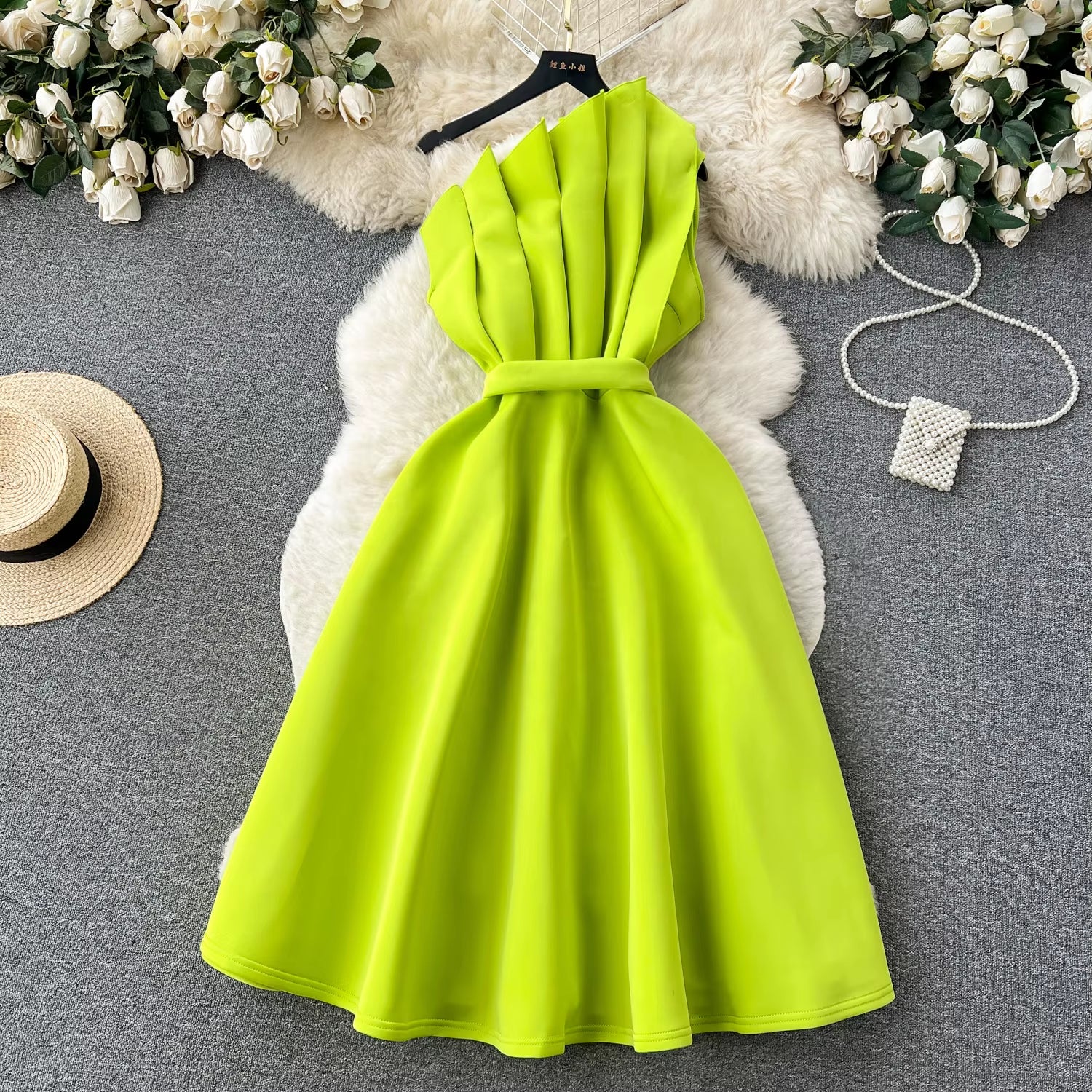 Wholesale Summer Temperament Backless Oblique Neck Single Shoulder Slim Slim Sleeveless Air Layer A-Line Dress