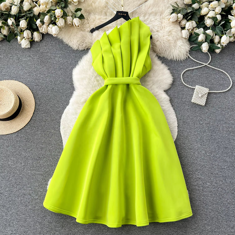 Wholesale Summer Temperament Backless Oblique Neck Single Shoulder Slim Slim Sleeveless Air Layer A-Line Dress