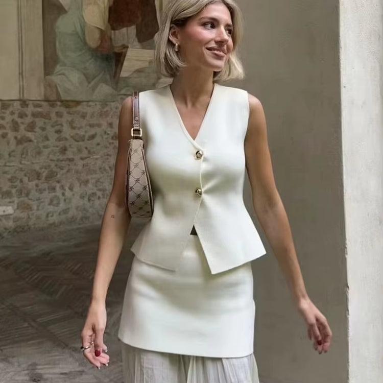 Ohsisa 2025 European and American Summer New Set V-Neck Solid Color Button Knitted Vest+Pleated Half Skirt Women&